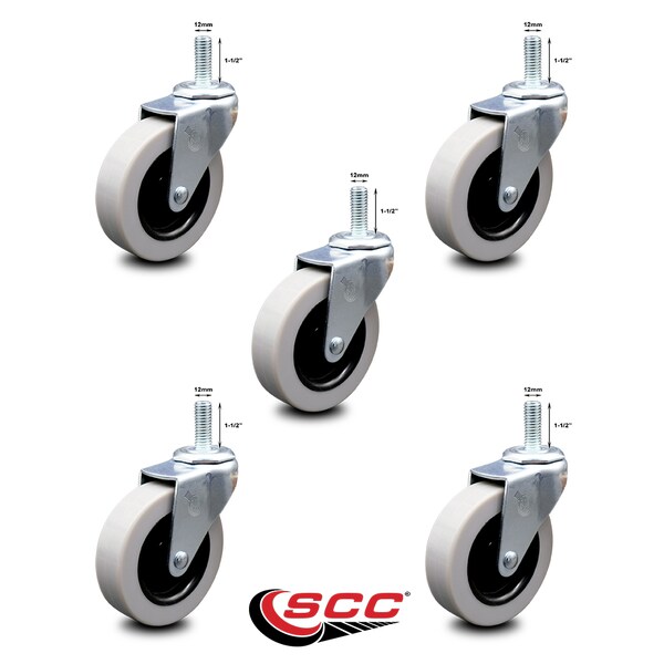 3 Inch Thermoplastic Wheel 12mm Threaded Stem Caster Set with Brakes SCC, 5PK